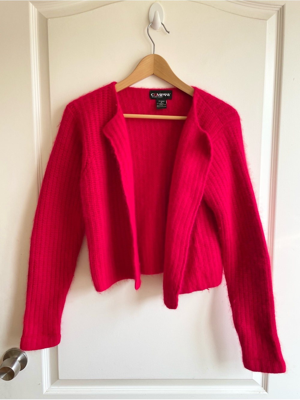Vintage Womens Fuzzy Angora Cherry Red Size S Cardigan Sweater Boxy Fit Ribbed
